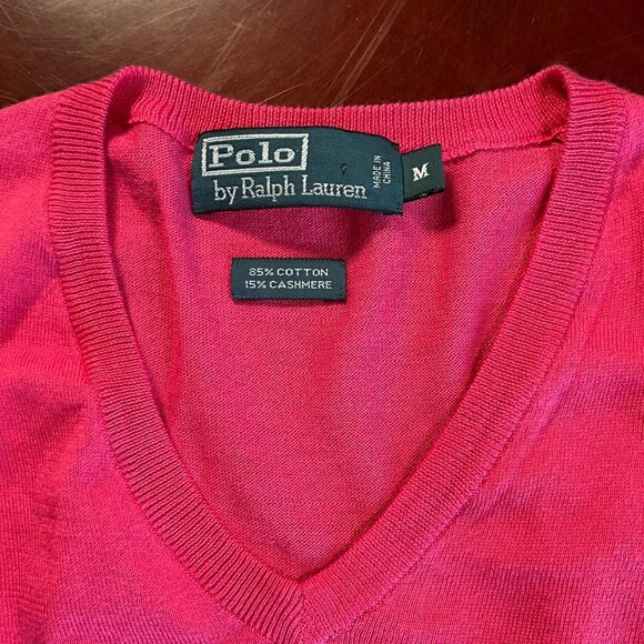 VTG Mens Polo Ralph Lauren Hot Pink Cashmere Cotton Knit VNeck Sweater (Medium) - Picture 6 of 8